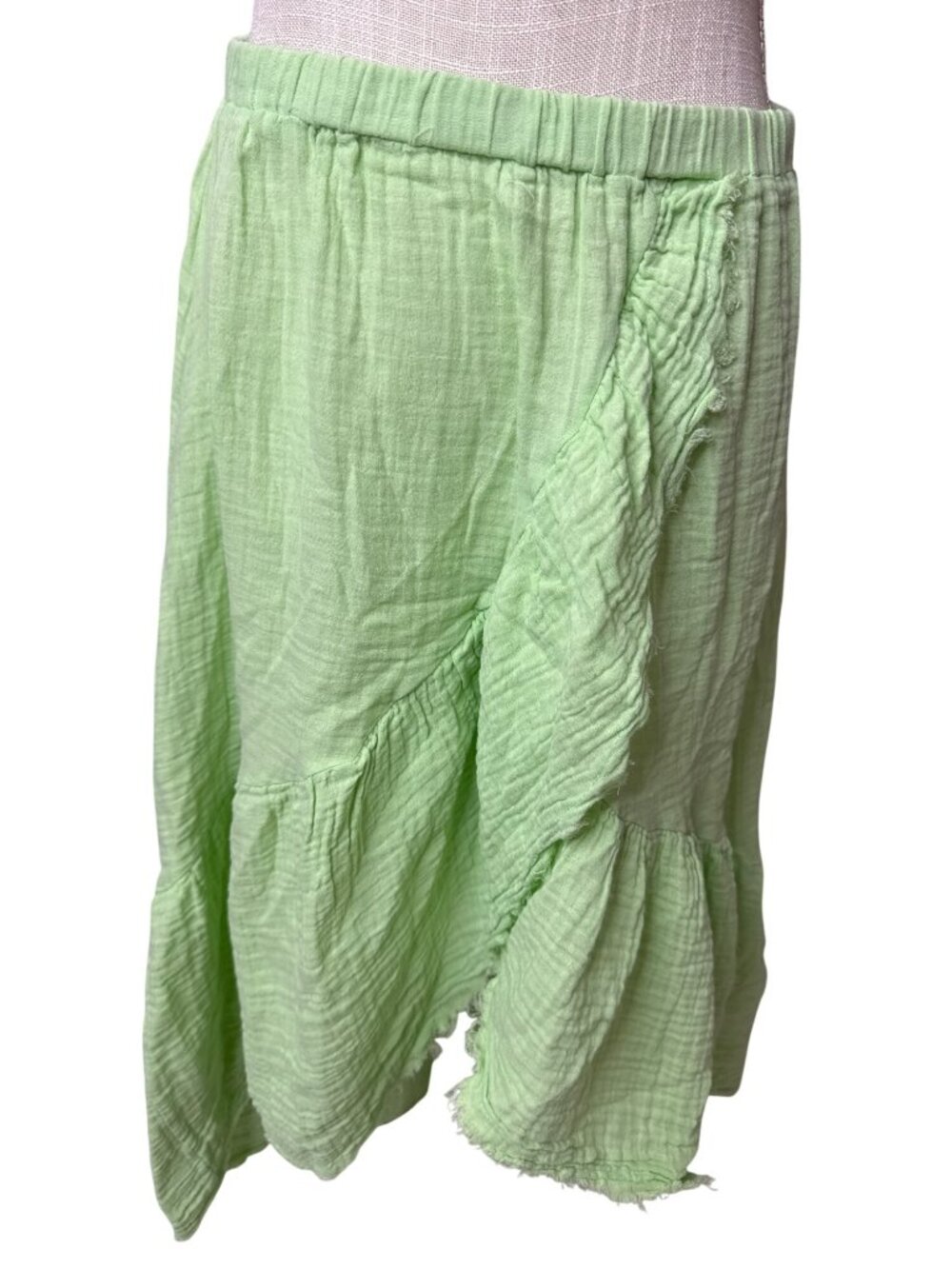 Stark Green Tiered Lightweight Midi Skirt With Elastic Waist & Ruffle Detail - S
